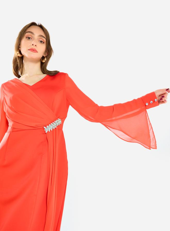 House of Moda Women Draped Crystal Waist Midi Dress - Image 4